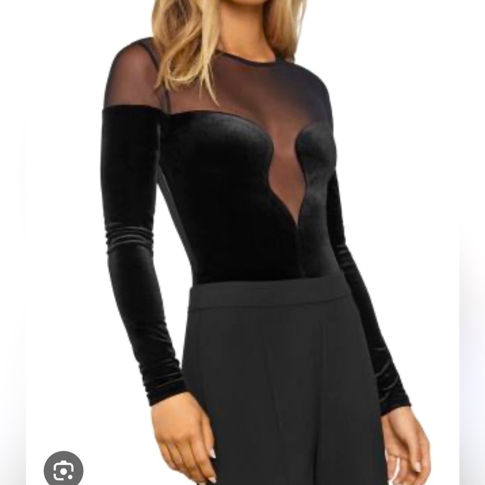 bcbgmaxazria velvet and mesh black bodysuit